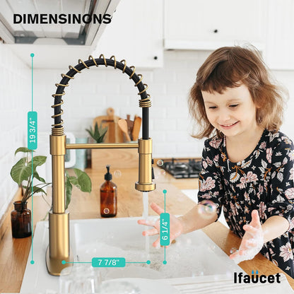 RoyalSavings gold kitchen faucet with pull-down sprayer, 19.75-inch spring, three modes, single handle, deck plate for sink installation
