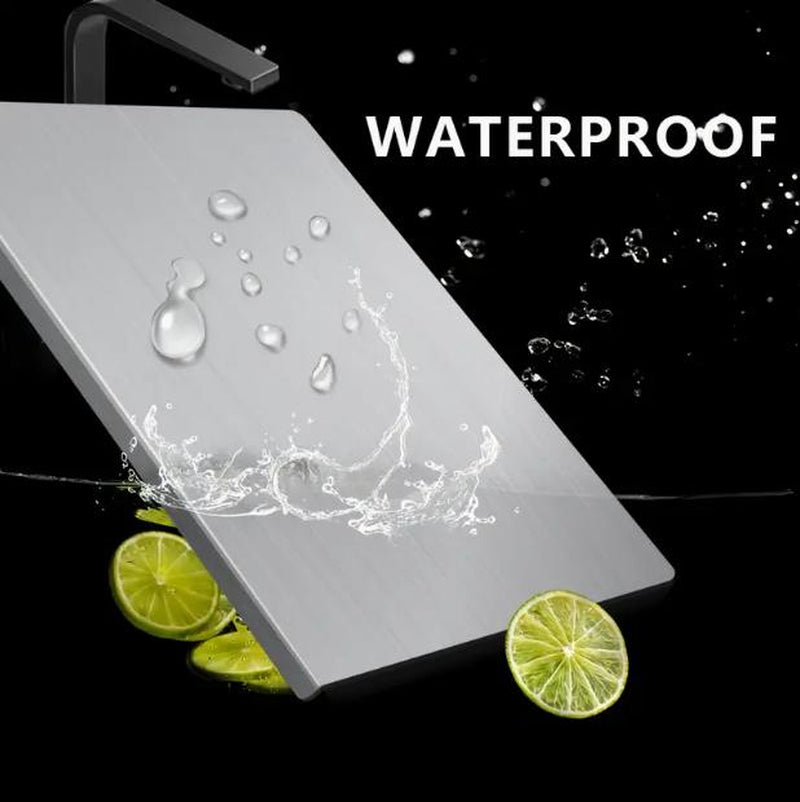 RoyalSavings stainless steel chopping board with non-slip base, ideal for kitchen cutting and household food prep.