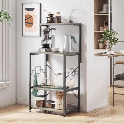 RoyalSavings kitchen bakers rack with microwave stand, on wheels, featuring adjustable feet, side hooks, and multiple storage shelves.