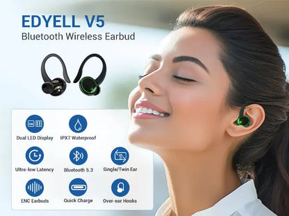 Wireless EDYELL C16 Bluetooth 5.3 waterproof earbuds with charging case, black in-ear design, and compact portable charging box.