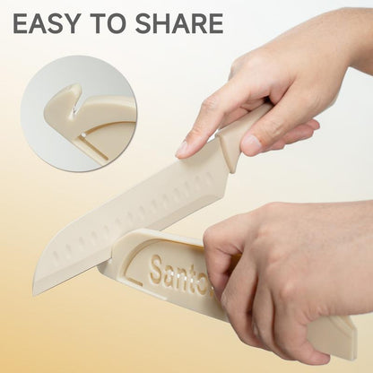 Colorful RoyalSavings kitchen knife set with six sharp stainless steel knives arranged on a kitchen countertop.