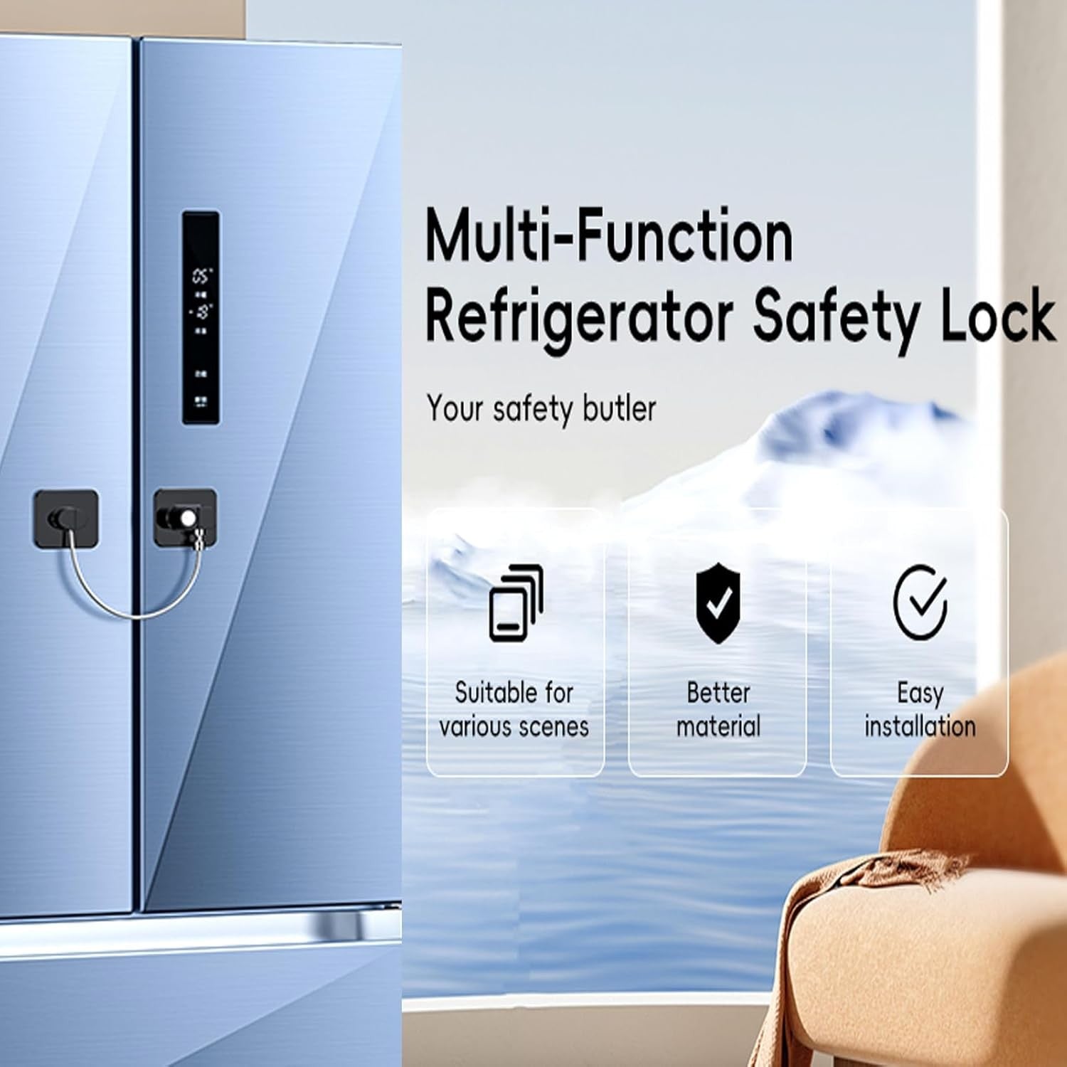 Black RoyalSavings 2-pack refrigerator and cabinet door locks, child-proof safety locks for fridge and freezer doors.