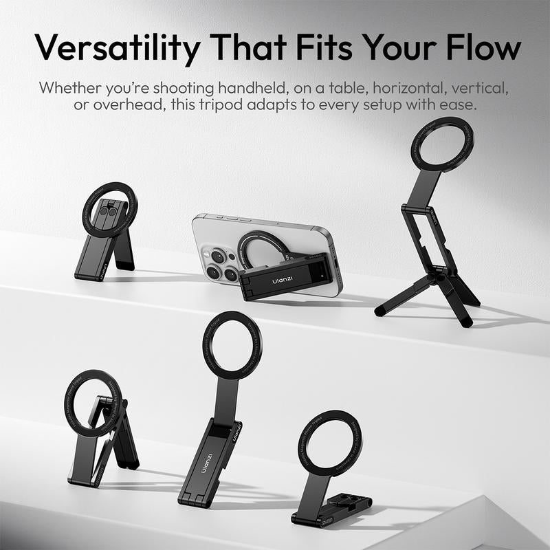 ULANZI MA60 magnetic phone stand for iPhone, compact aluminum foldable tripod with magnetic quick mount, compatible with iPhone 12-16 models.