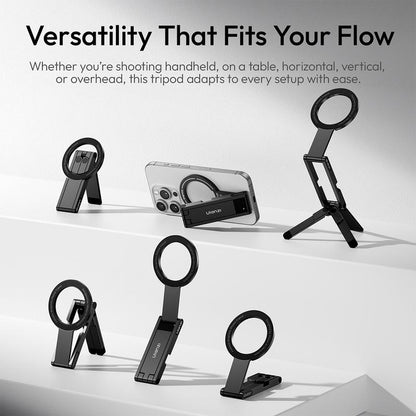 ULANZI MA60 magnetic phone stand for iPhone, compact aluminum foldable tripod with magnetic quick mount, compatible with iPhone 12-16 models.