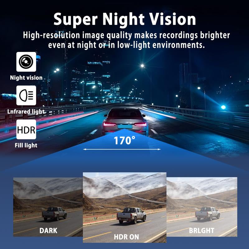 RoyalSavings 4-channel car dash cam with 1080P video, night vision, 64GB memory, front, rear, left, right cameras, parking mode.
