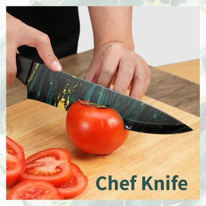 Colorful RoyalSavings 6-piece kitchen knife set with sharp stainless steel blades, displayed on a wooden cutting board.