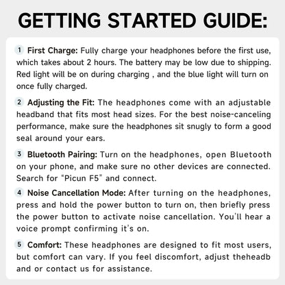Picun F5 ANC wireless headphones with Bluetooth, over-ear design, showing ear cups and headband for immersive sound.