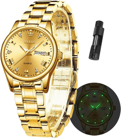 Gold Watches for Women Classic Stainless Steel Waterproof Womens Wrist Watch Small Face Ladies Watches with Day Date Analog Quartz Dress Women&