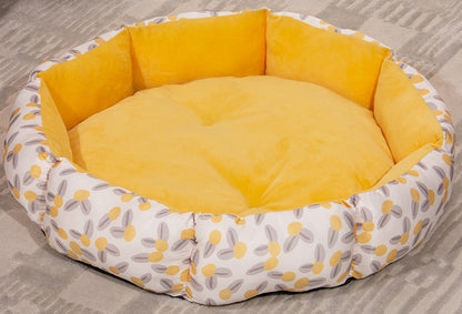 Golden pet bed with octagonal shape, soft fleece lining, cozy cage-style design for small pets.