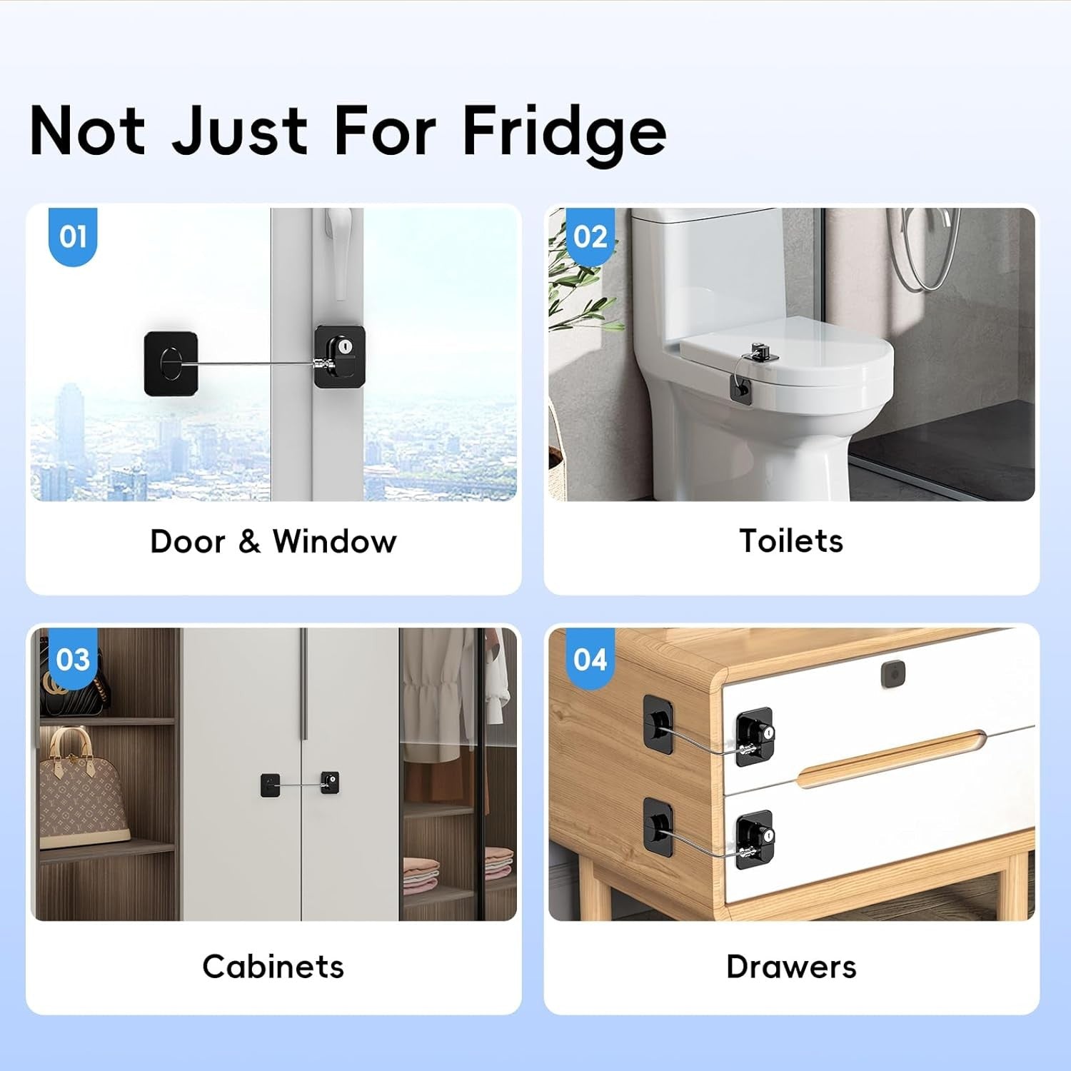 Two black refrigerator door locks by RoyalSavings, child-proof safety latches for fridge, freezer, and cabinets in a 2-pack.