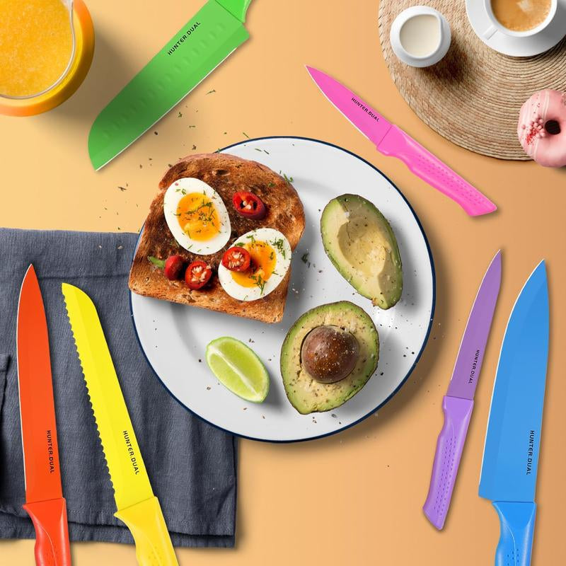 Colorful RoyalSavings kitchen knife set with six sharp blades, perfect for versatile cooking and food preparation.
