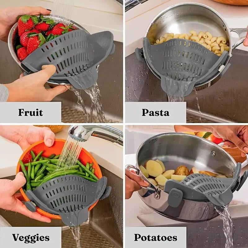 RoyalSavings silicone pot side pasta strainer with adjustable clip, kitchen gadget for draining pasta and cooking utensils.