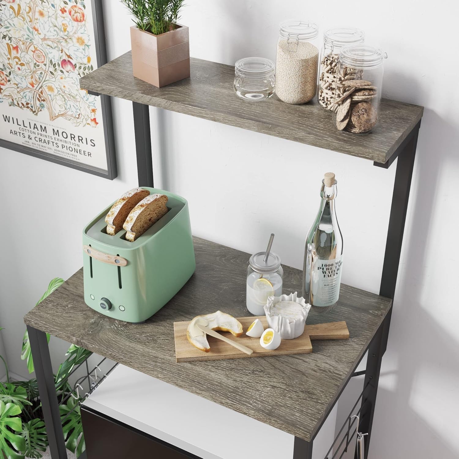 RoyalSavings kitchen bakers rack with microwave stand, utility storage shelves, on wheels with 10 hooks and adjustable feet.