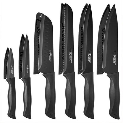 Colorful RoyalSavings kitchen knife set with six sharp knives displayed on a wooden cutting board.