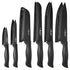 Colorful RoyalSavings kitchen knife set with six sharp knives displayed on a wooden cutting board.