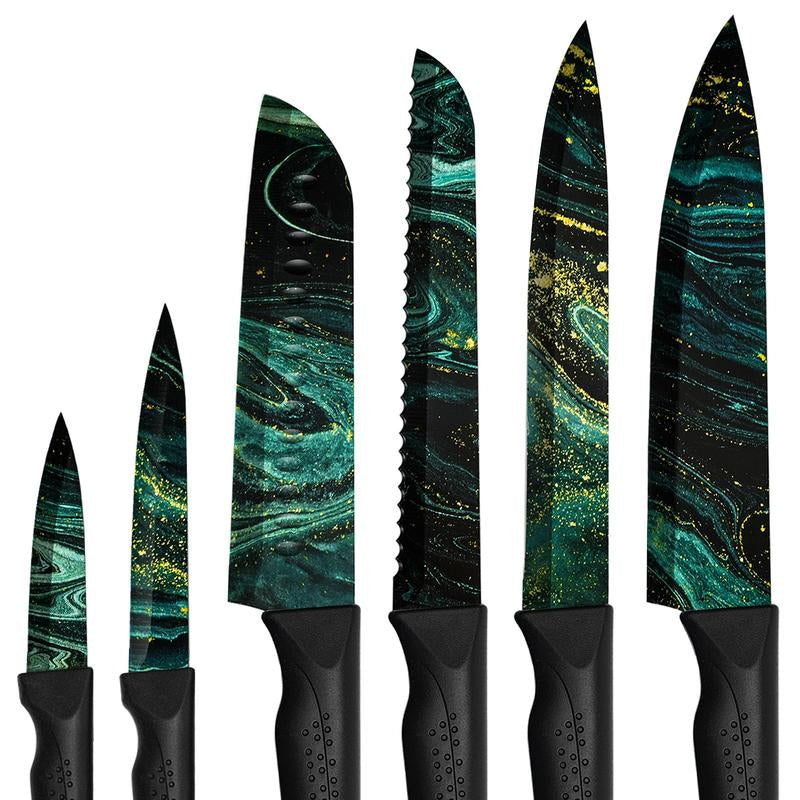 Colorful RoyalSavings 6-piece kitchen knife set with sharp blades, displayed on a wooden surface with knives arranged neatly.