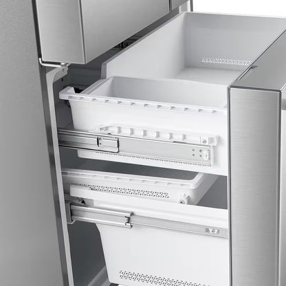 Stainless steel RoyalSavings 22.4 cu. ft. 3-door French door refrigerator with water dispenser and ice maker, counter depth design.