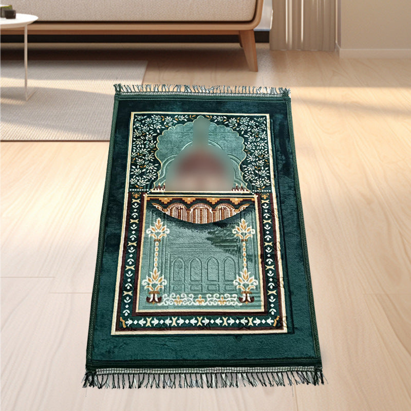 Golden thick flannel Qibla prayer mat with stain-resistant fabric, designed for comfortable and convenient Islamic prayer.