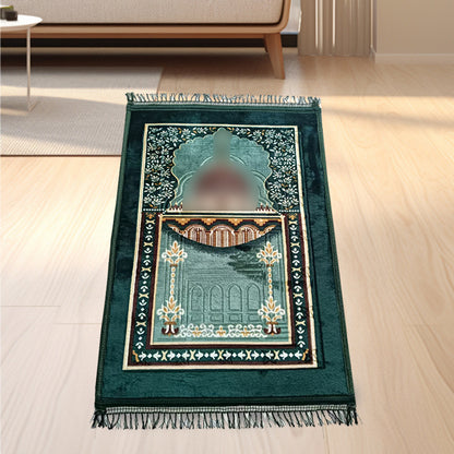 Golden thick flannel Qibla prayer mat with stain-resistant fabric, designed for comfortable and convenient Islamic prayer.