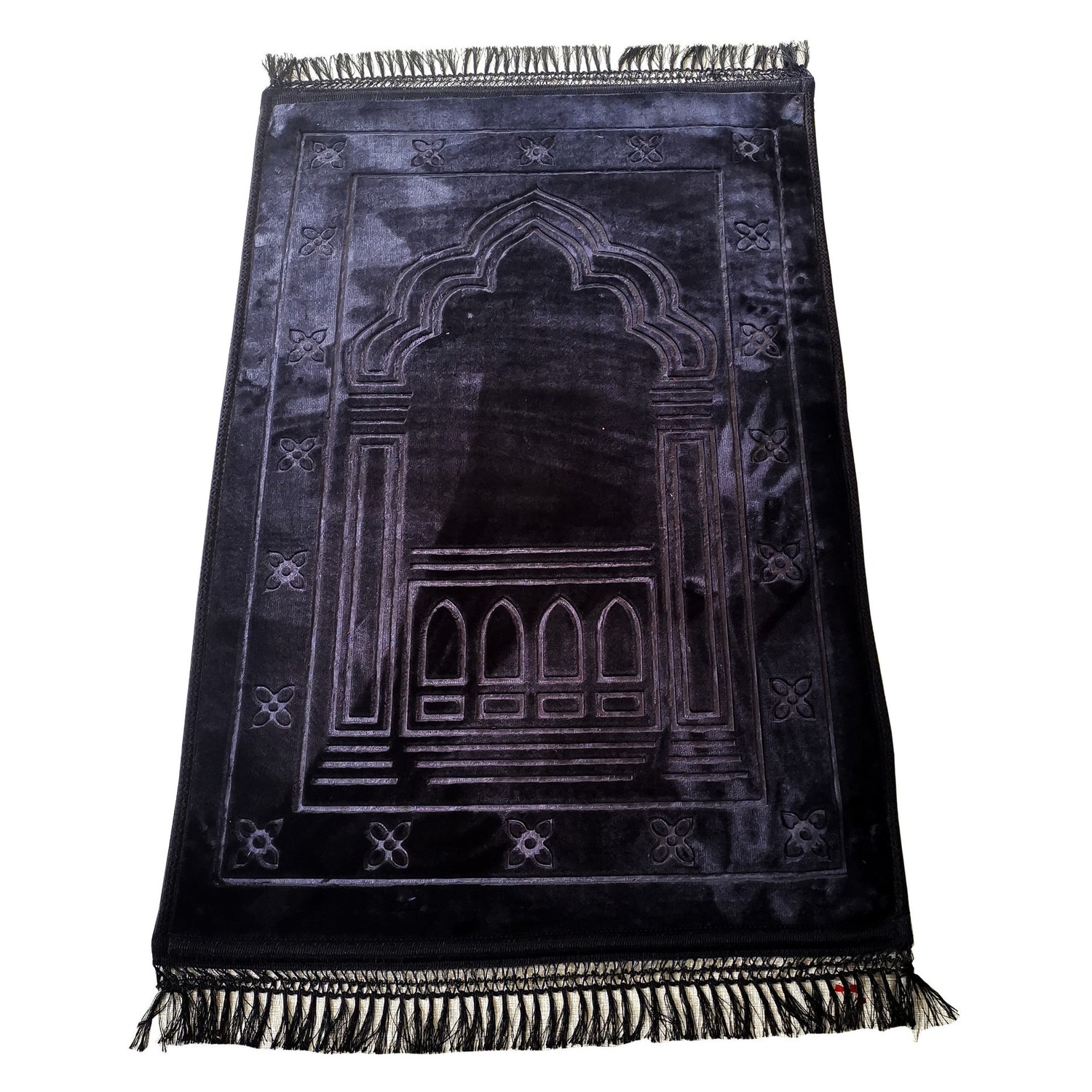 Golden Raschel embossed prayer mat with tassels in solid color, featuring detailed textured design and soft fabric for prayer.