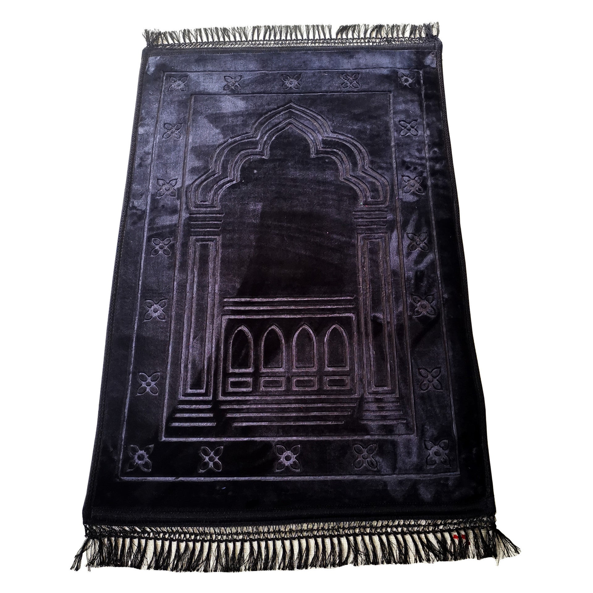 Golden Raschel embossed prayer mat with tassels in solid color, featuring detailed textured design and soft fabric for prayer.