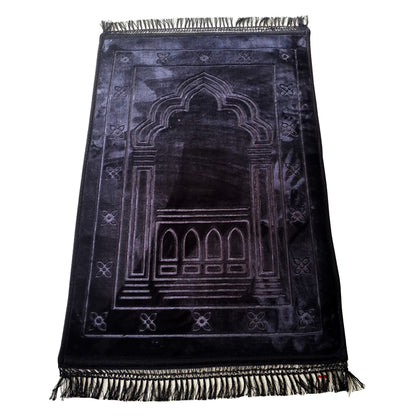 Golden Raschel embossed prayer mat with tassels in solid color, featuring detailed textured design and soft fabric for prayer.
