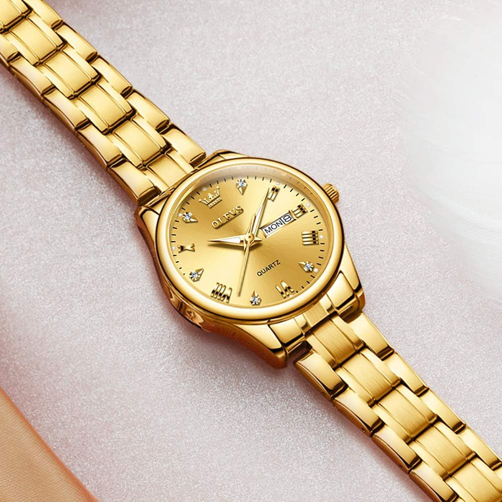 Gold Watches for Women Classic Stainless Steel Waterproof Womens Wrist Watch Small Face Ladies Watches with Day Date Analog Quartz Dress Women&