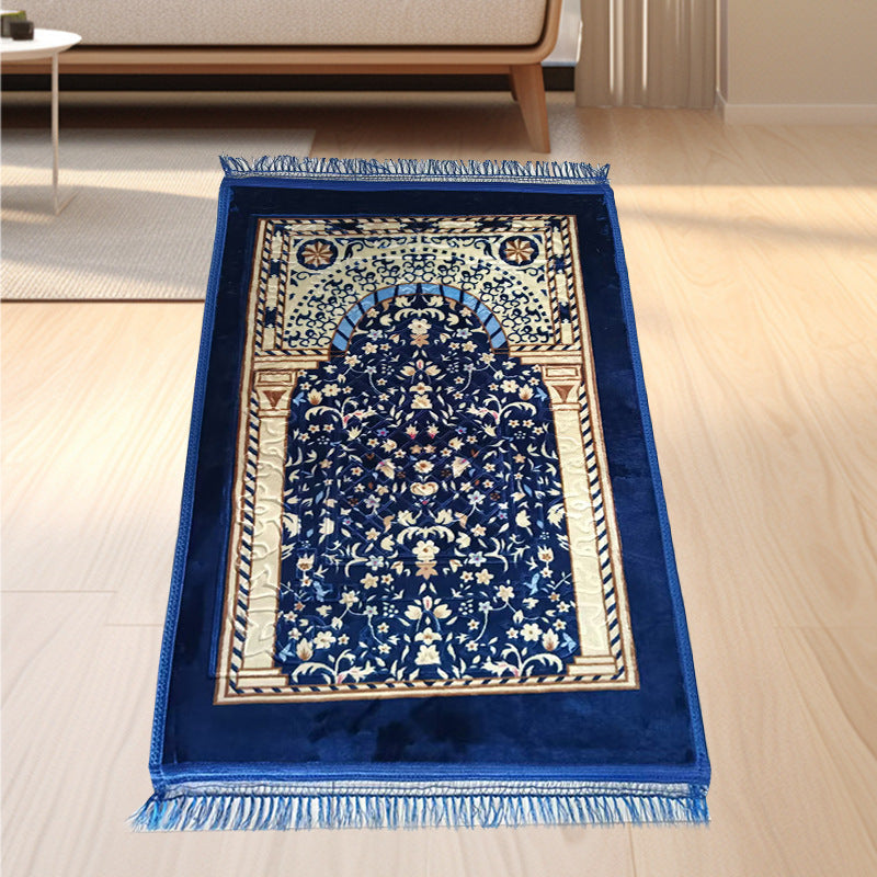 Golden thick flannel Qibla prayer mat with stain-resistant fabric, designed for comfortable and convenient prayer.