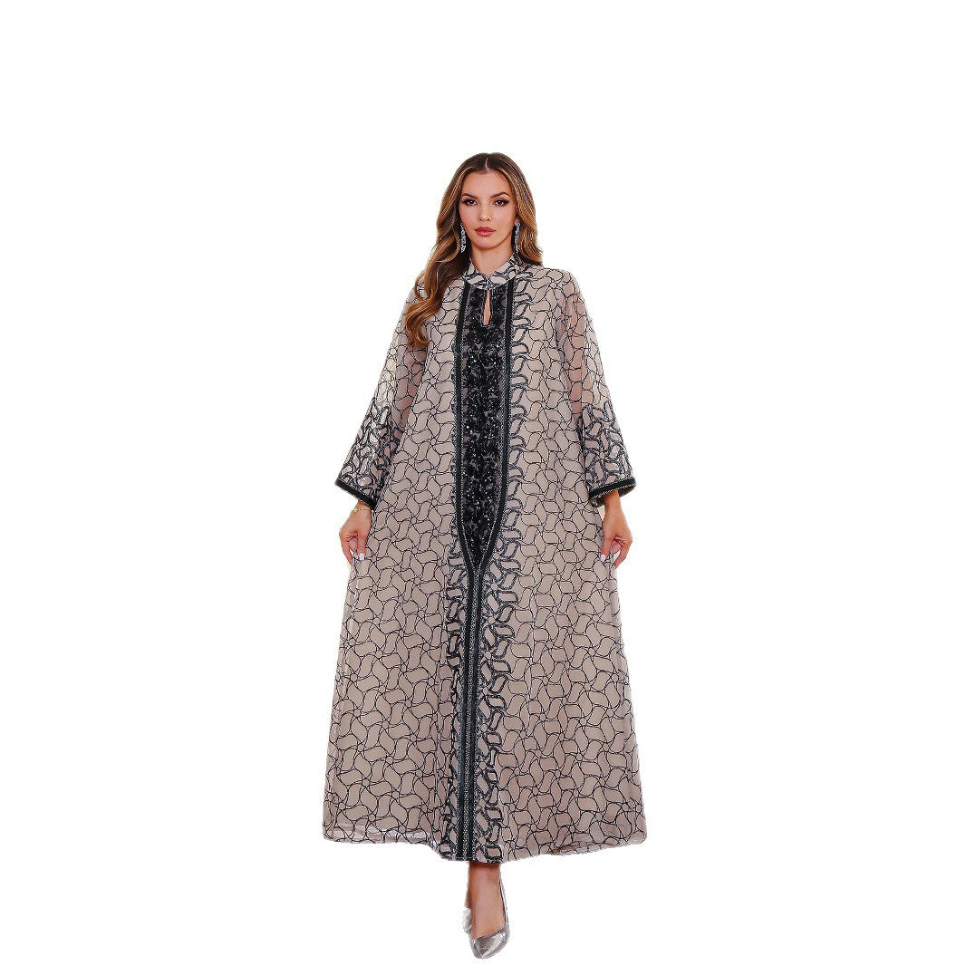 Golden Muslim female robe dress, Middle East clothing with modest design, long flowing fabric, traditional style, in a neutral color.