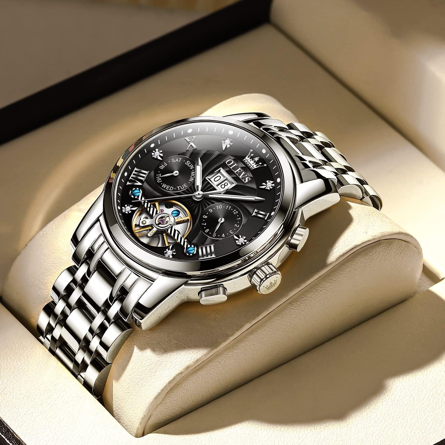 Mens Automatic Watches Gold Skeleton Tourbillon Self Winding Mechanical Stainless Steel Waterproof Dress Wristwatch