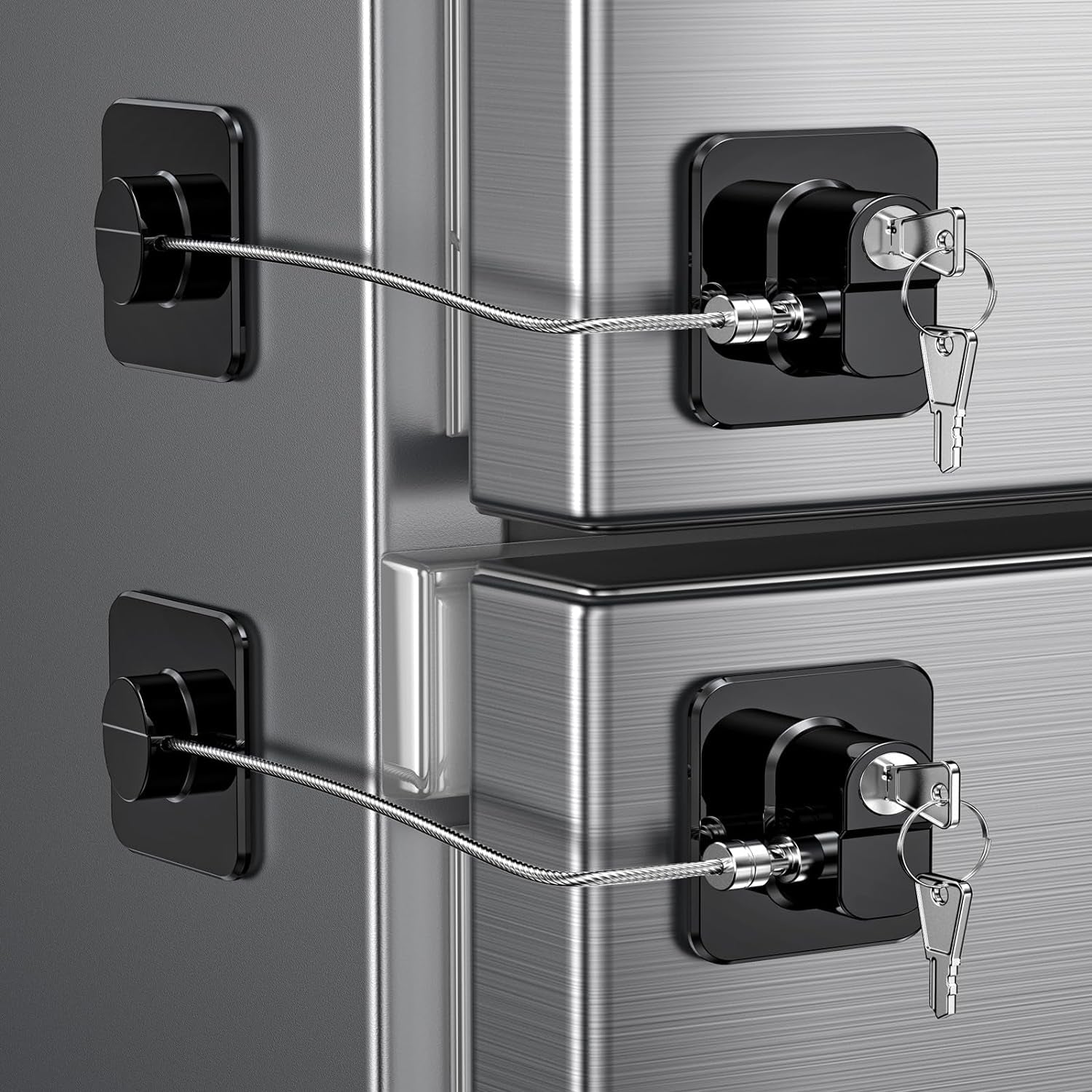 Two black RoyalSavings refrigerator door locks for childproofing fridge, freezer, and cabinets in a 2-pack.