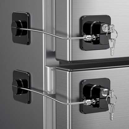 Two black RoyalSavings refrigerator door locks for childproofing fridge, freezer, and cabinets in a 2-pack.