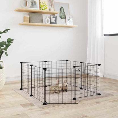 Golden 8-panel pet cage with door, 12-panel pet cage for small animals, featuring metal bars and secure latch for safety.