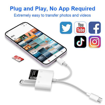 RoyalSavings 5-in-1 SD Card Reader for iPhone, iPad, Android with dual USB-C and Lightning ports, supports SD, MicroSD, USB 3.0.