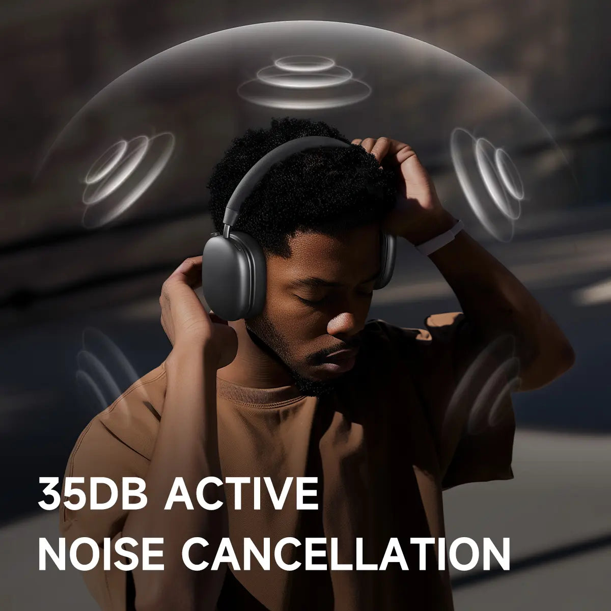 Picun F5 ANC wireless headphones with Bluetooth, showing over-ear design and built-in controls for noise-canceling audio.