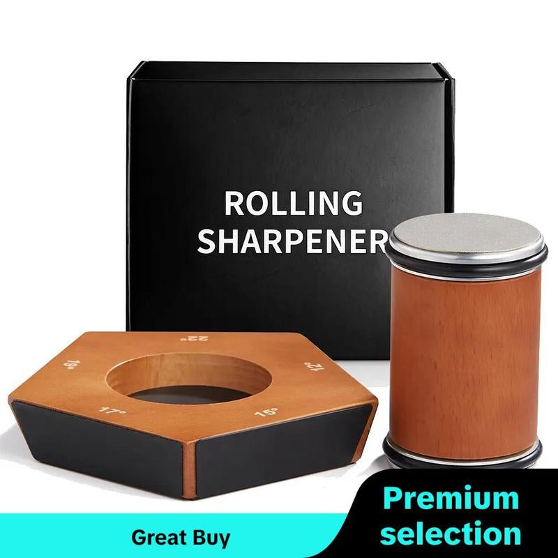 RoyalSavings manual knife sharpener with stainless steel blades and grinding disc, ergonomic kitchen gadget for home knife sharpening.