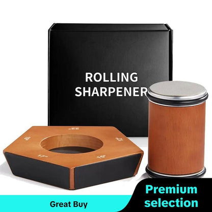 RoyalSavings manual knife sharpener with stainless steel blades and grinding disc, ergonomic kitchen gadget for home knife sharpening.