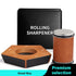 RoyalSavings manual knife sharpener with stainless steel blades and grinding disc, ergonomic kitchen gadget for home knife sharpening.