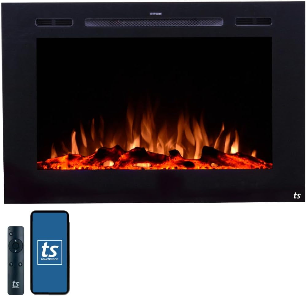 RoyalSavings Forte 40-inch black recessed electric fireplace with realistic flames, ember colors, logs, crystals, thermostat, and Wi-Fi control