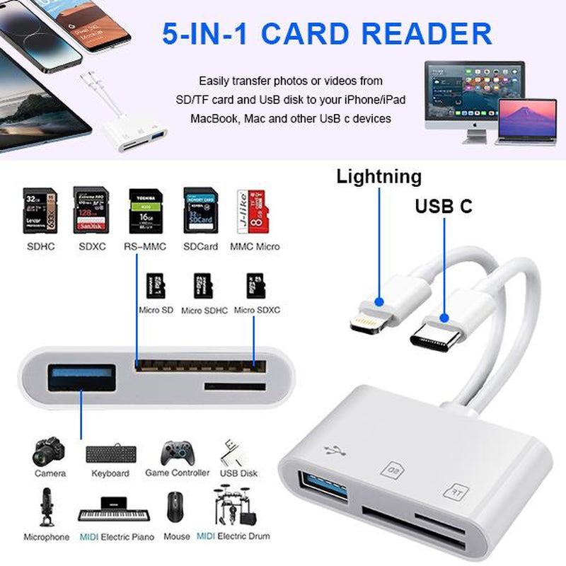 RoyalSavings 5-in-1 SD card reader for iPhone, iPad, Android with dual USB-C and Lightning ports, supports SD, MicroSD, USB 3.0.
