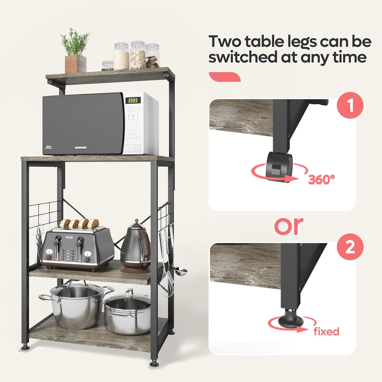 RoyalSavings kitchen bakers rack with microwave stand, storage shelves, 10 side hooks, wheels, adjustable feet, and utility organization.