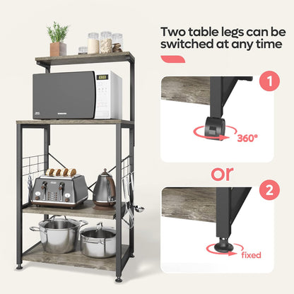 RoyalSavings kitchen bakers rack with microwave stand, storage shelves, 10 side hooks, wheels, adjustable feet, and utility organization.