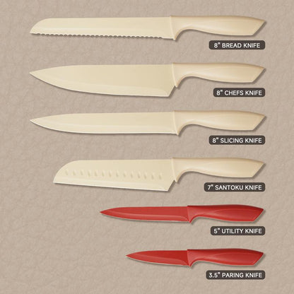 Colorful RoyalSavings kitchen knife set with six sharp knives, displayed with vibrant handles on a wooden surface.
