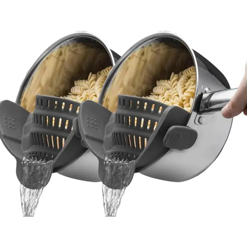 RoyalSavings silicone pot side pasta strainer clip showing adjustable clamp for kitchen cookware and gadgets use.