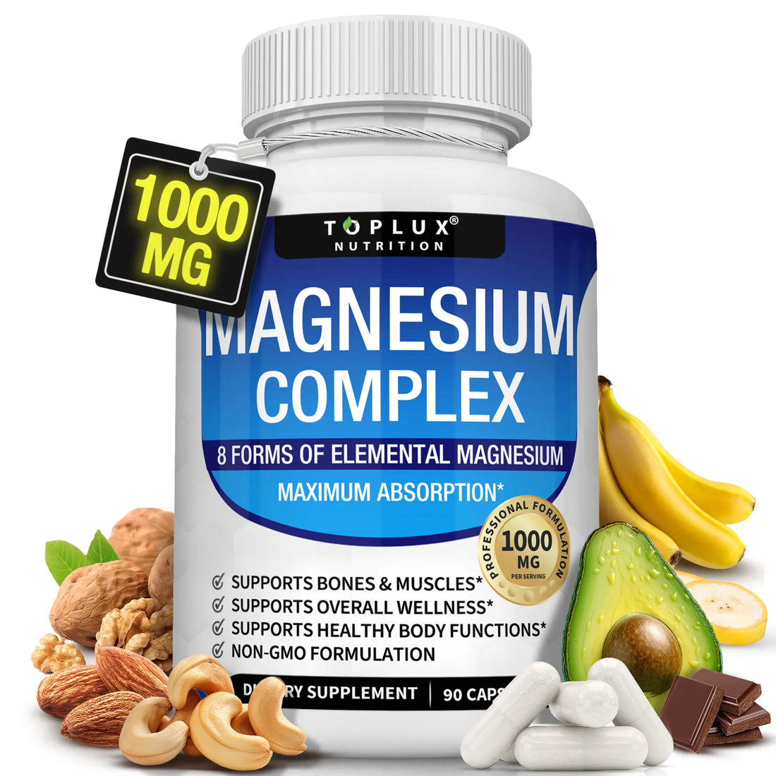 Bottle of RoyalSavings Magnesium Complex Supplement with 8 forms of magnesium, 1000mg per serving, showing supplement capsules and label.