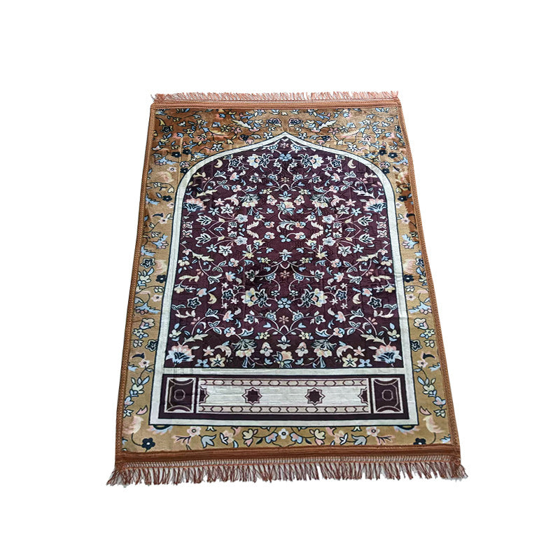 Golden thick flannel Qibla prayer mat with stain-resistant fabric, designed for comfort and durability during prayer.
