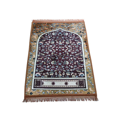 Golden thick flannel Qibla prayer mat with stain-resistant fabric, designed for comfort and durability during prayer.