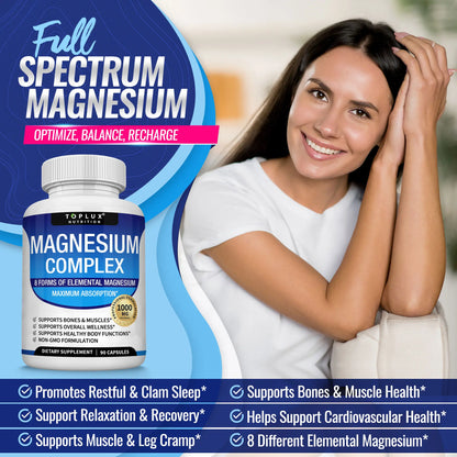 Bottle of RoyalSavings Magnesium Complex Supplement with 8 essential magnesium forms, 1000mg per serving, on a white background.