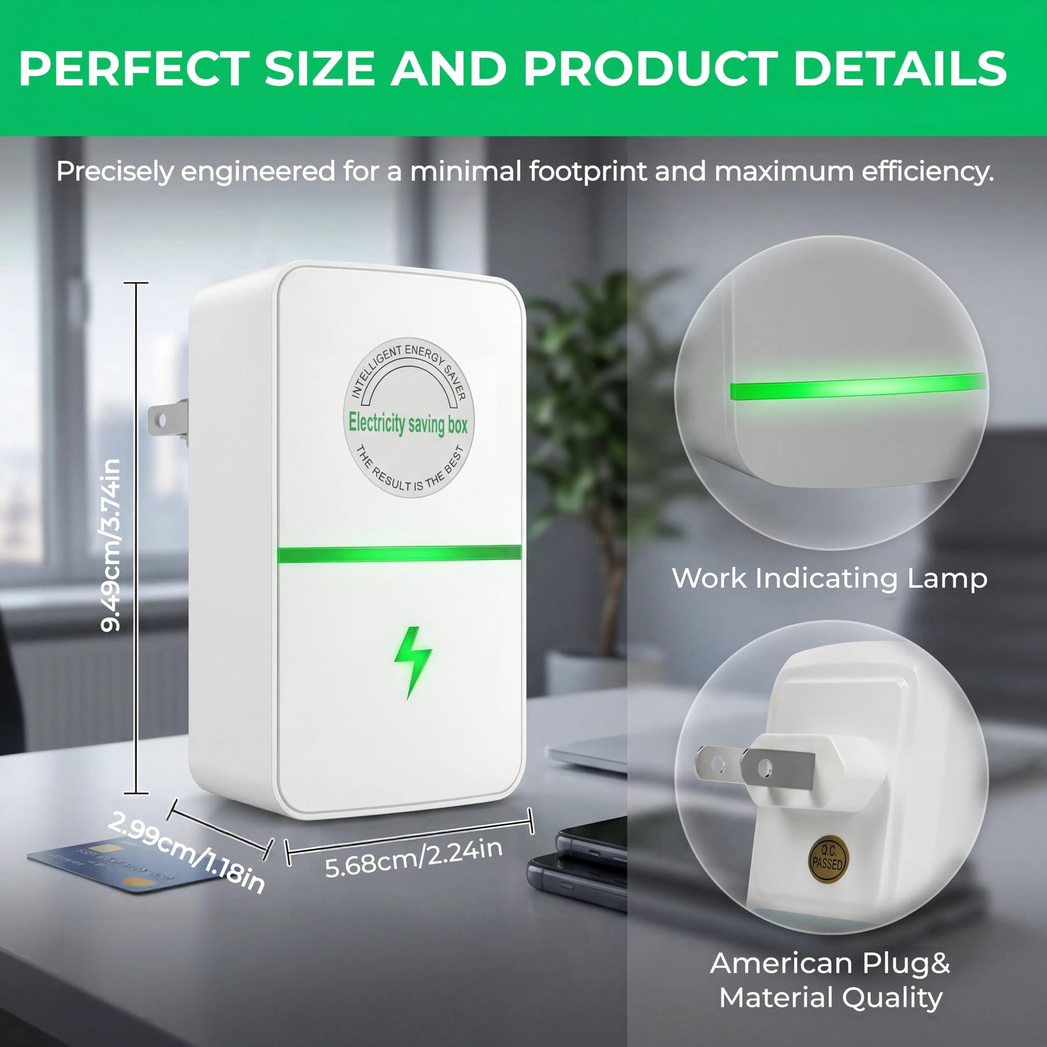 RoyalSavings plug-in power box with US plug, multi-outlet design for 90–250V electrical use, compact and versatile.