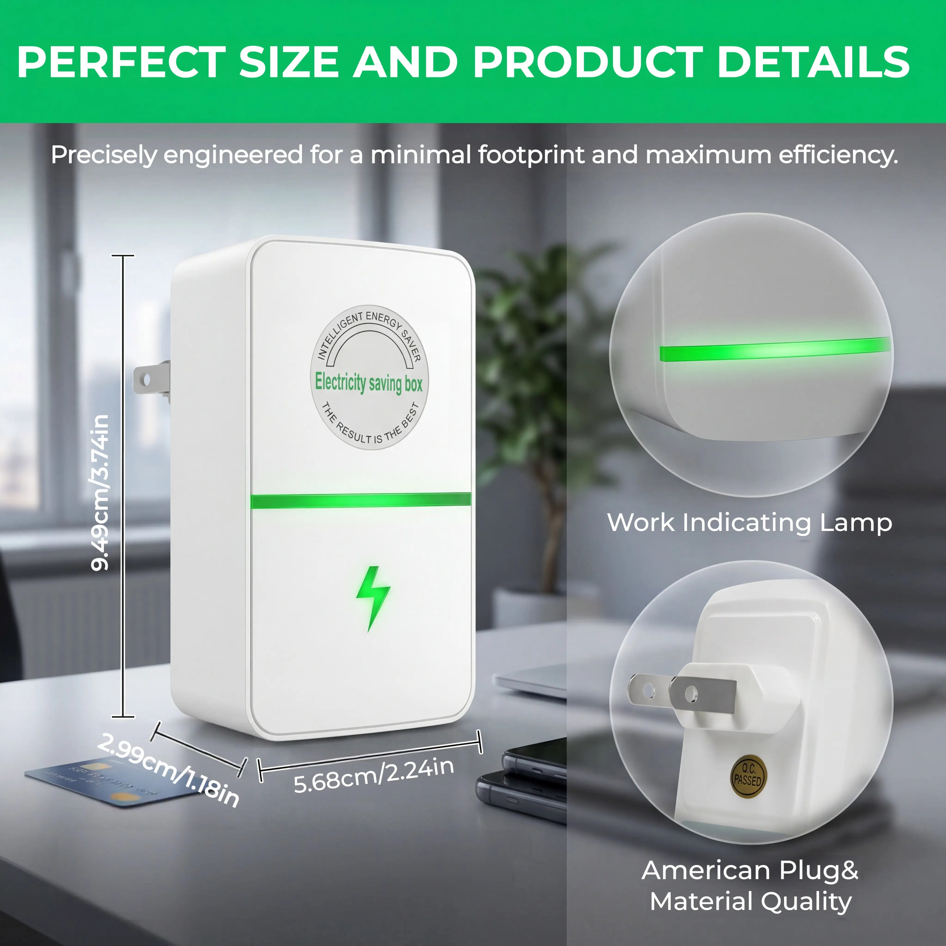RoyalSavings plug-in power box with US plug, multi-outlet design for 90–250V electrical use, compact and versatile.